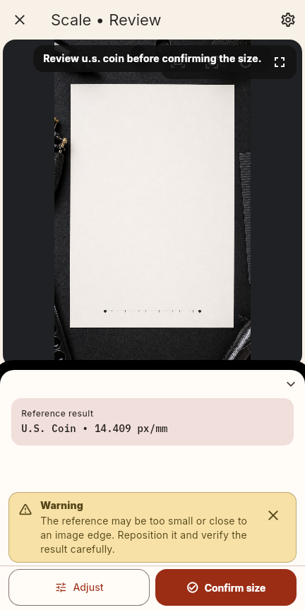 Dark Scale review with an inline warning above unobscured action buttons