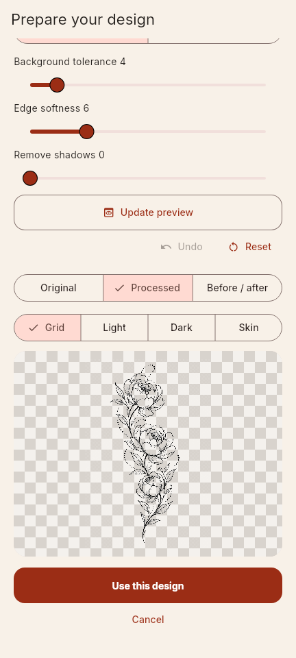 Local background-removal screen showing the processed design on a transparency grid