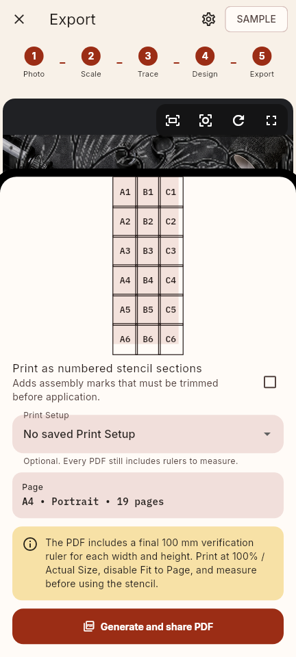 Tiled export review showing numbered pages and a final measurement warning